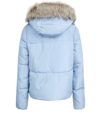 light blue jacket with fur hood