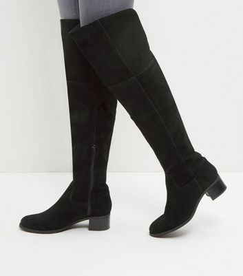 Black Suede Block Heel Knee High Boots 