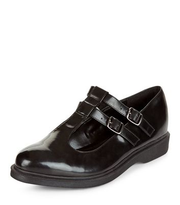 Black Chunky Double T-Bar Strap Shoes 