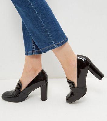 Black Patent Block Heel Loafers | New Look