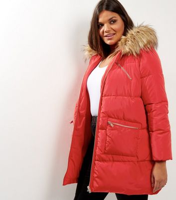 womens red padded jacket with fur hood