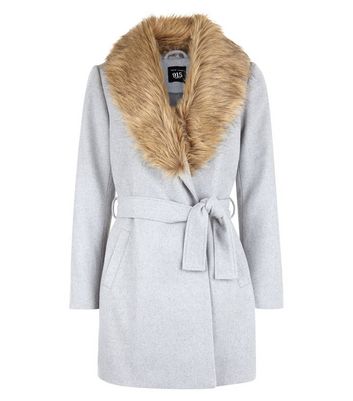 Teens Grey Wrap Front Faux Fur Collar Grey Shawl Faux Fur Collar Coat | New Look