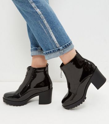 Black Patent Front Zip Chunky Ankle 