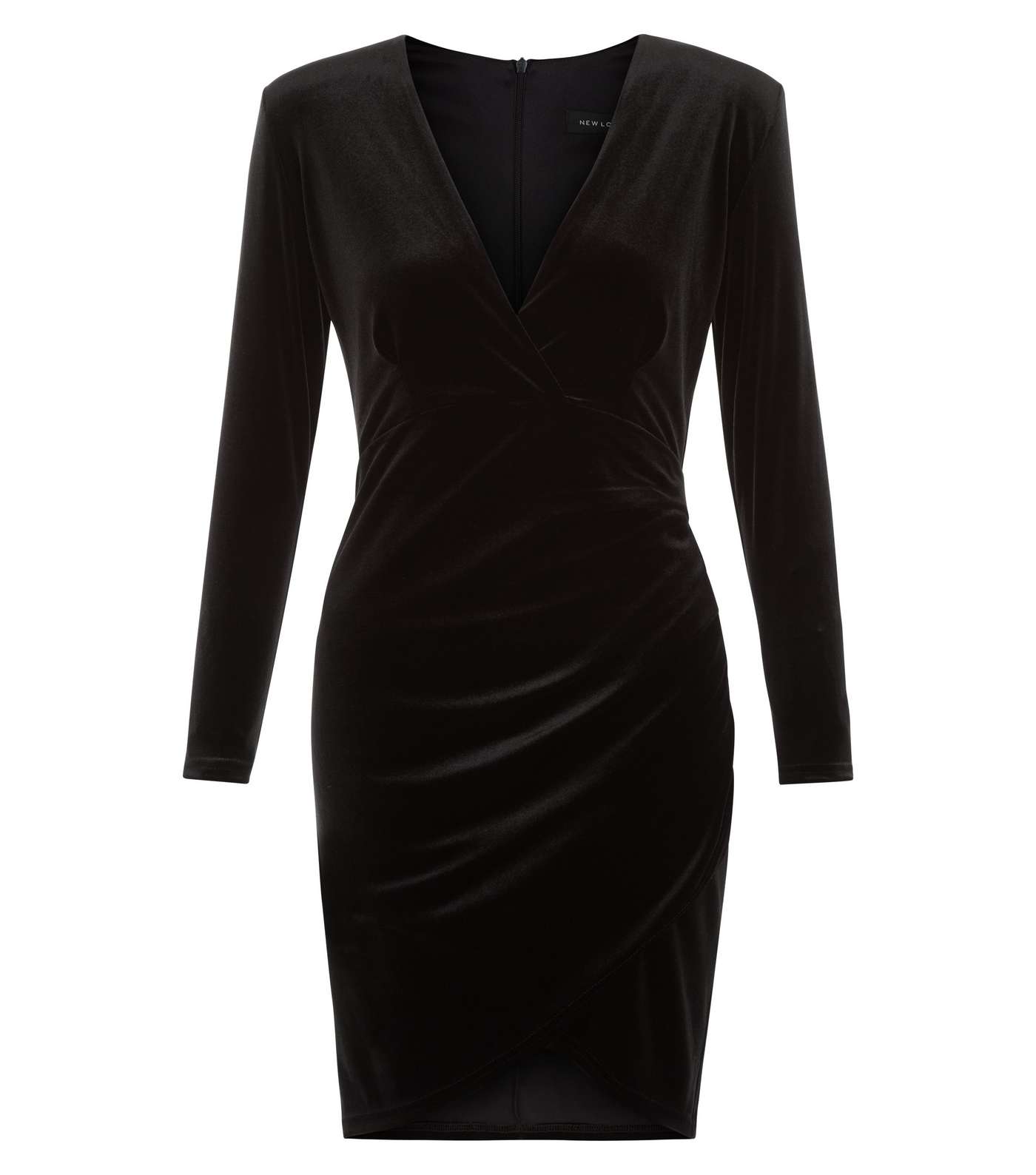 Black Velvet Wrap Front Long Sleeve Bodycon Dress Image 4