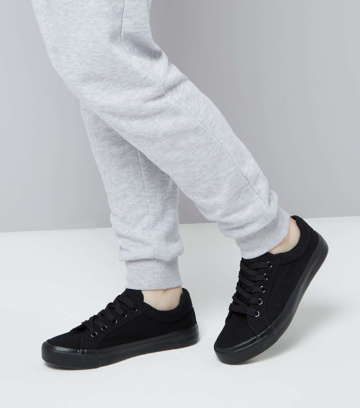 Girls Black Lace Up Canvas Trainers Image 3