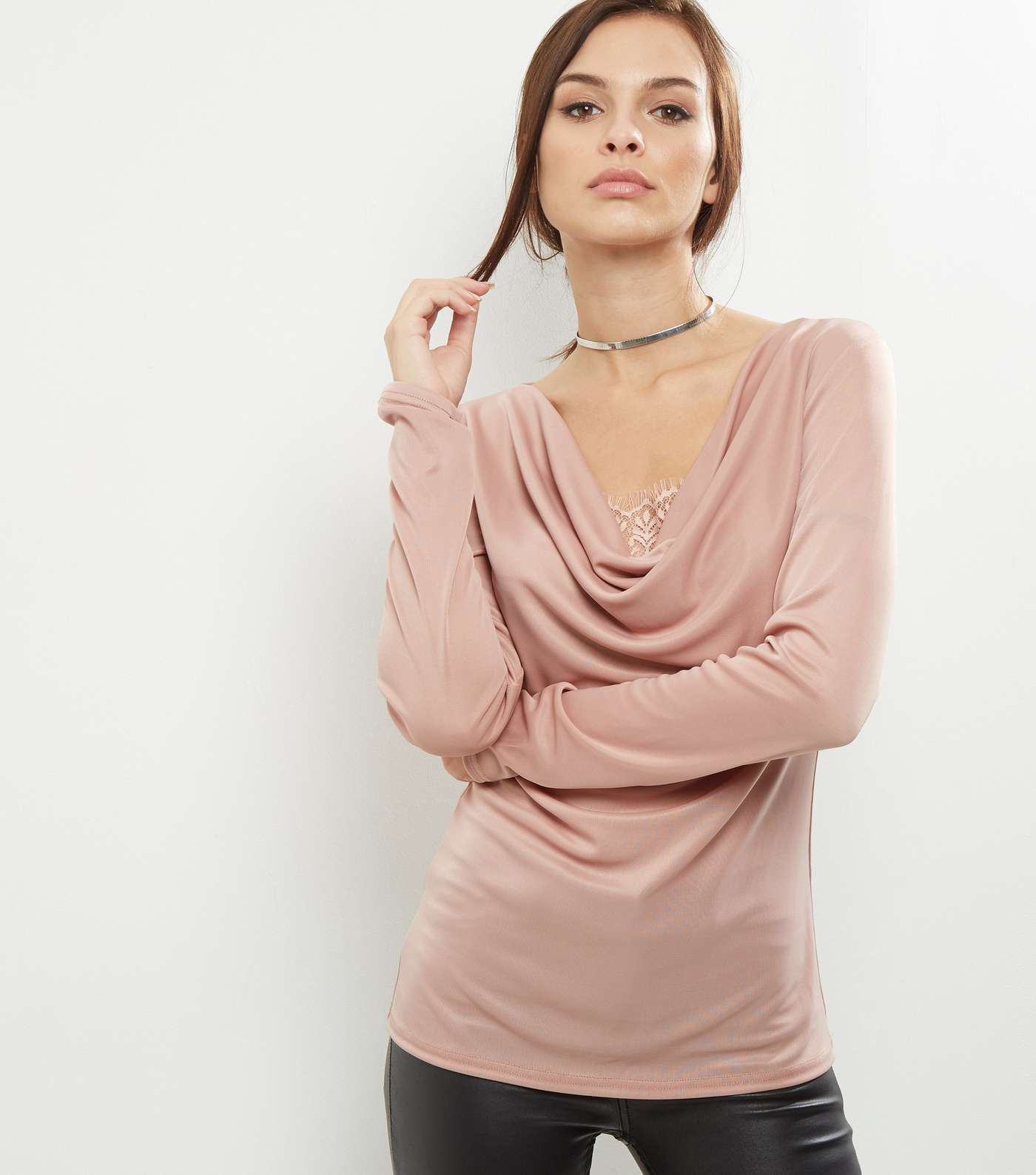 Mid Pink Lace Panel Cowl Neck Top 