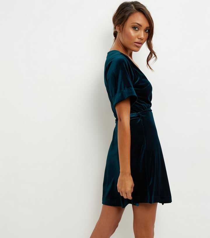 Dark Green Velvet Wrap Front Dress | New Look