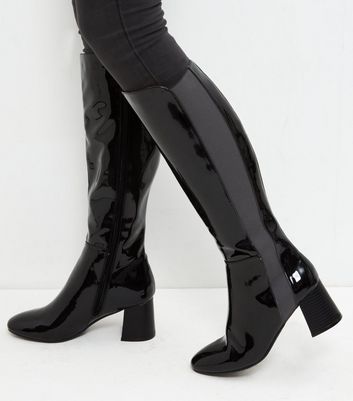 Black Patent Block Heel Knee High Boots 