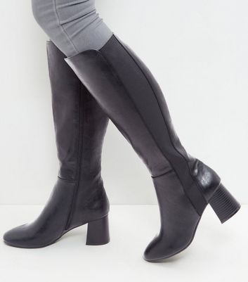 Black Leather-Look Block Heel Knee High 