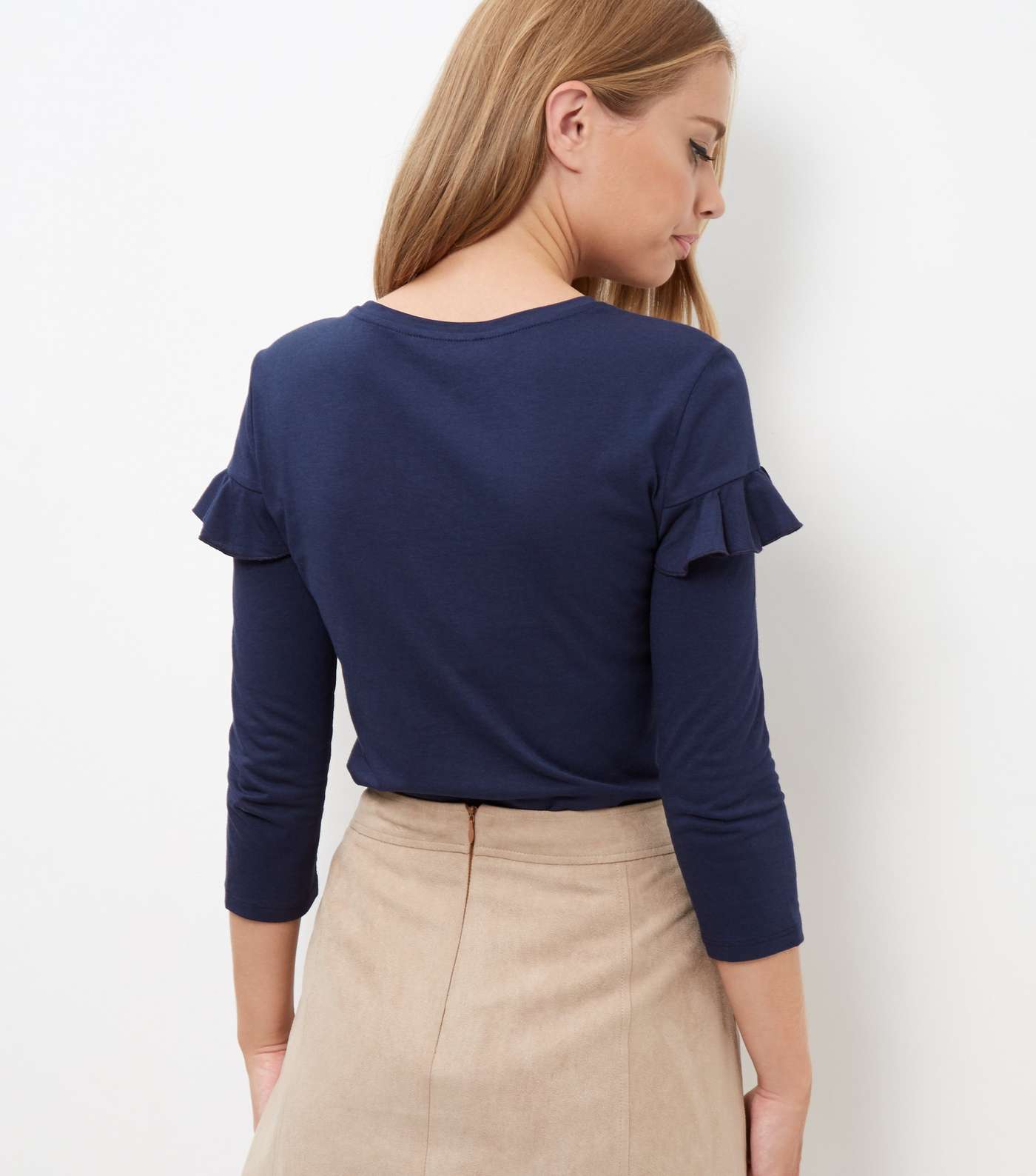 Navy Frill Trim 3/4 Sleeve Top  Image 3