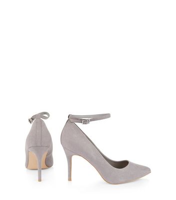 Grey suede shop ankle strap heels