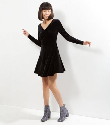 black velvet skater dress long sleeve