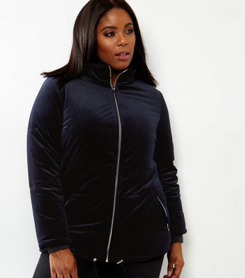 Navy Velvet Puffer Jacket New Look