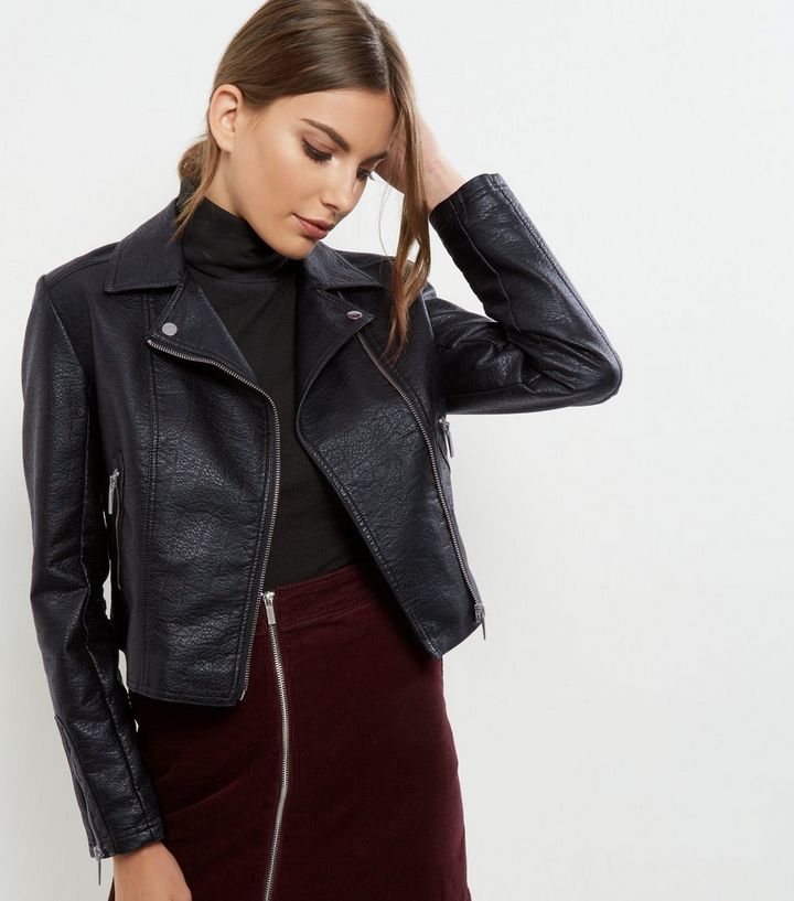 Black Leather Look Cropped Biker Jacket Add To Saved Items Remove From