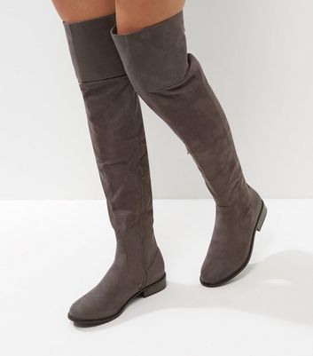 Grey Suedette Flat Over The Knee Boots 