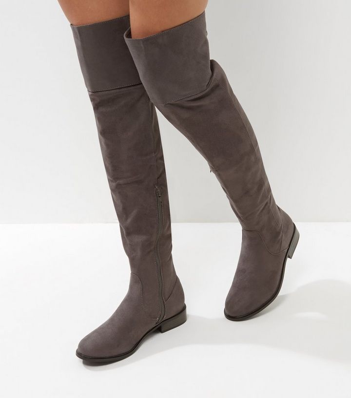 Grey Suedette Flat Over The Knee Boots | New Look