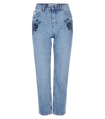 embroidered straight leg jeans