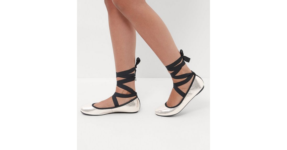 Wide Fit Gold Tie Up Ballet Pumps New Look