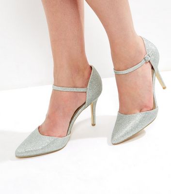 silver glitter heels with ankle strap