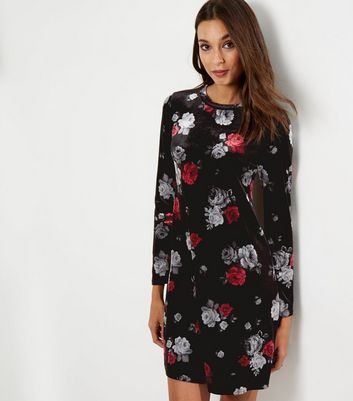 Black Velvet Floral Print Long Sleeve Dress New Look