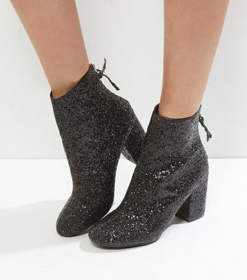 Black Glitter Block Heel Ankle Boots 
