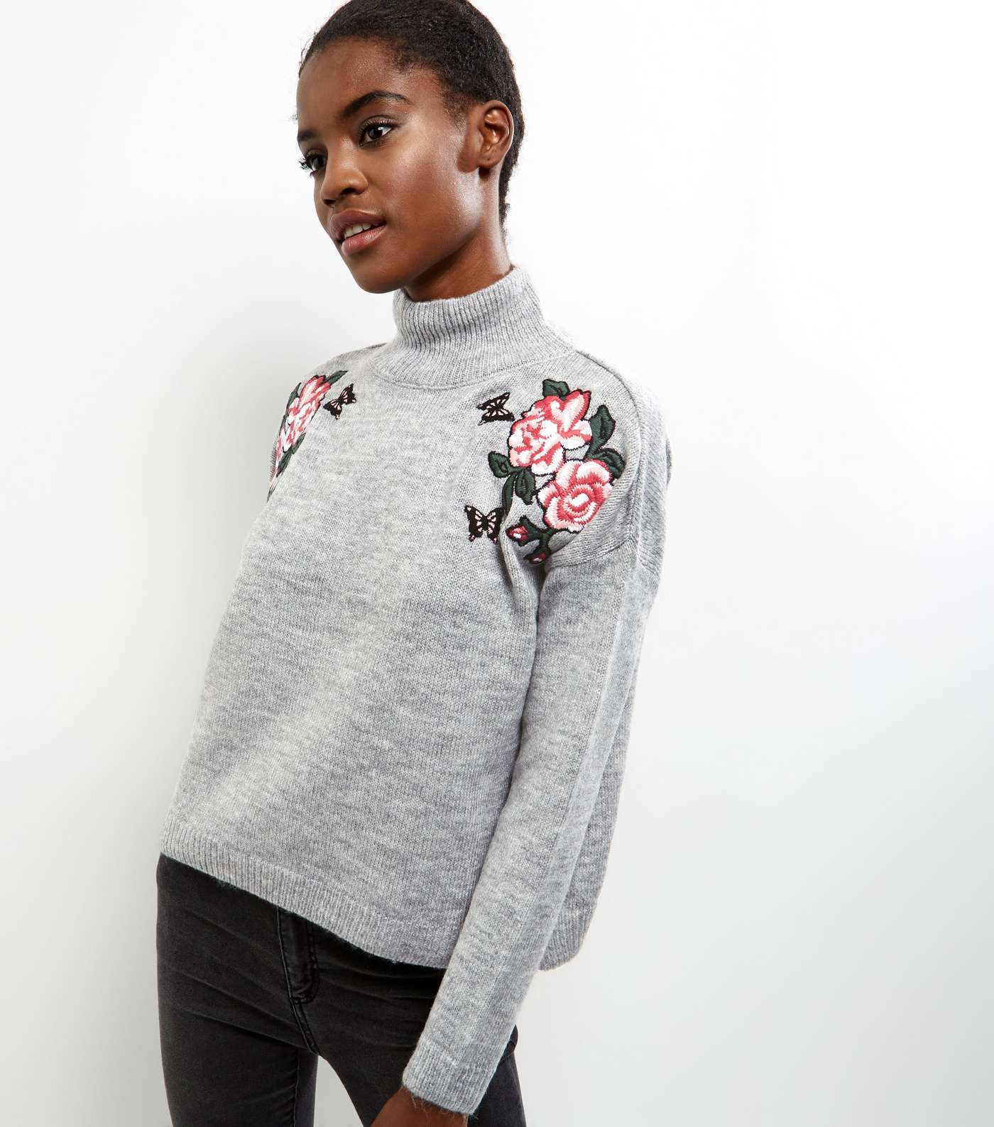 Pale Grey Floral Embroidered Funnel Neck Sweater 