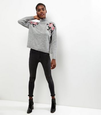 Pale Grey Floral Embroidered Funnel 