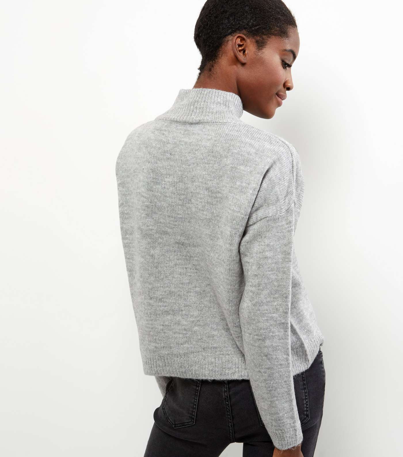 Pale Grey Floral Embroidered Funnel Neck Sweater  Image 3