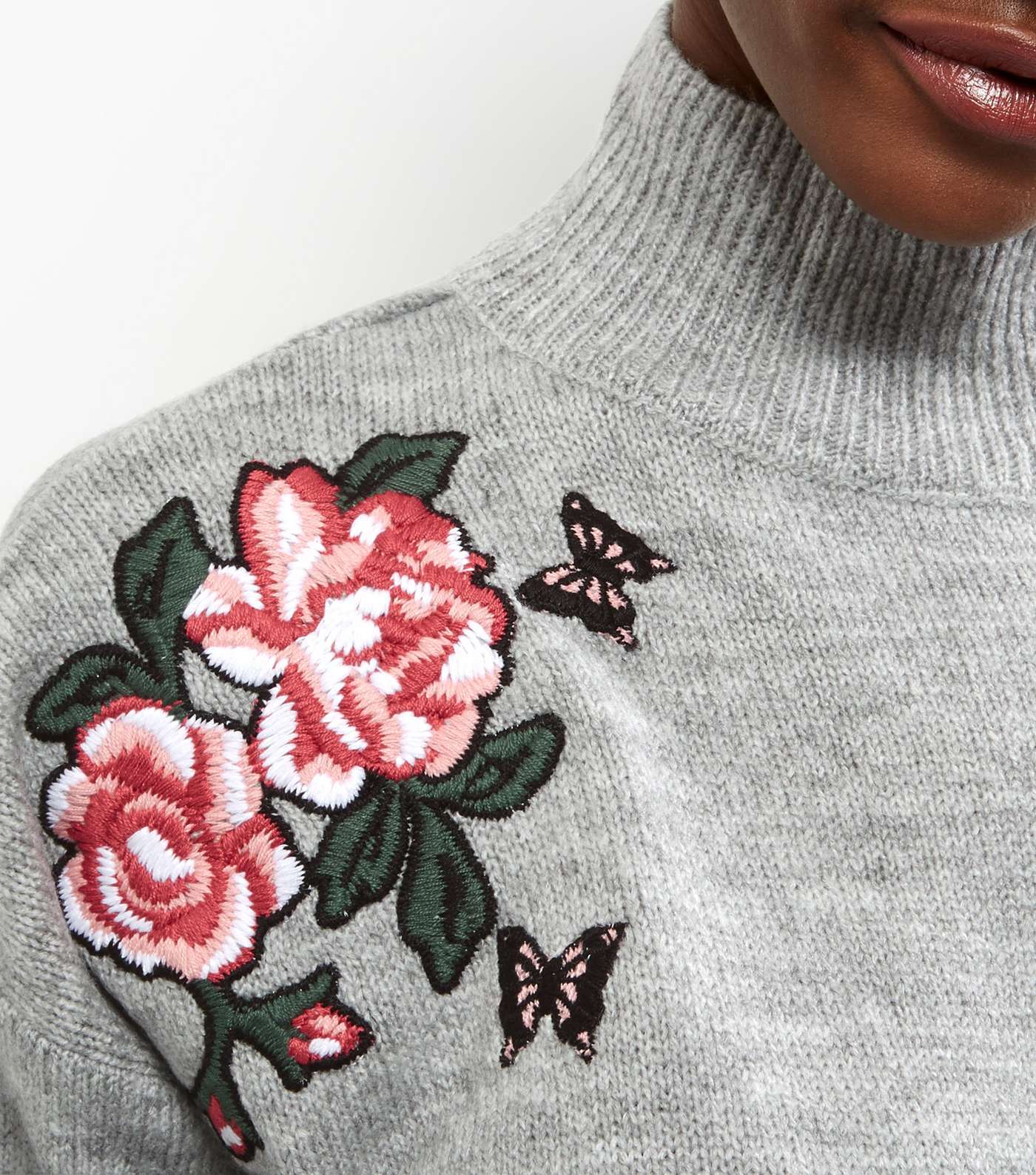 Pale Grey Floral Embroidered Funnel Neck Sweater  Image 5