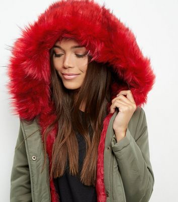 bright red faux fur trim parka coat