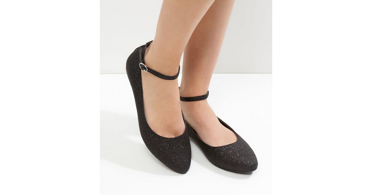 Wide Fit Black Glitter Ankle Strap Pumps | New Look