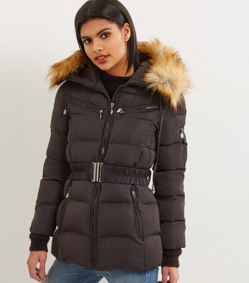 belted coat with faux fur trim hood