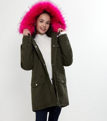 pink faux fur trim hooded parka