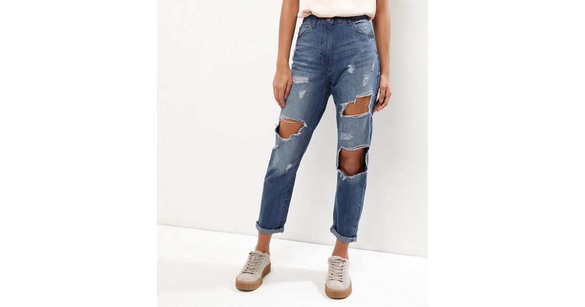 Parisian Blue Ripped Turn Up Boyfriend Jeans New Look