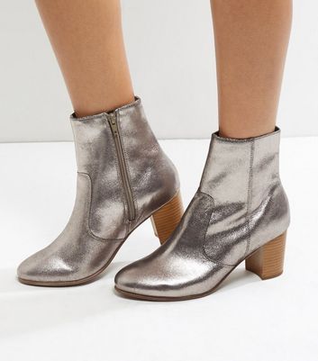 silver booties block heel