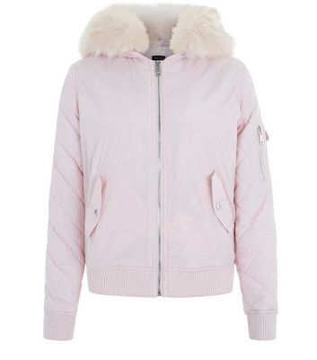 pink faux fur hooded bomber