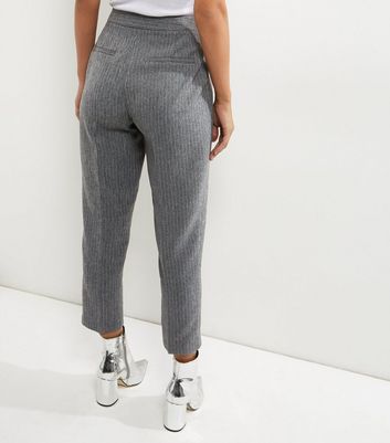 new look slim fit cropped trousers in grey pinstripe
