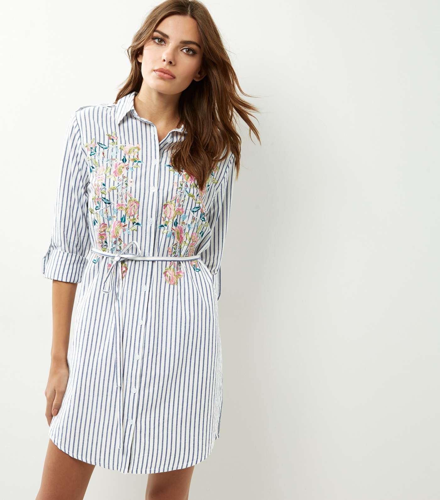 White Stripe Floral Embroidered Longline Shirt