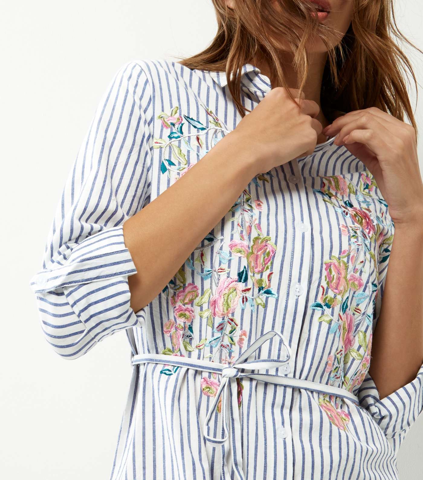 White Stripe Floral Embroidered Longline Shirt Image 5
