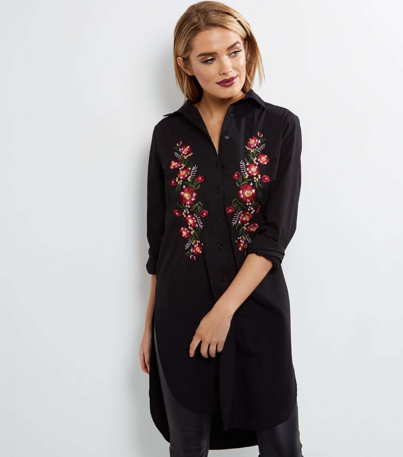 Black Floral Embroidered Shirt Dress