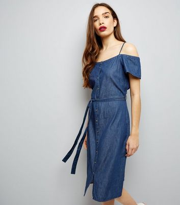 Navy Button Front Cold Shoulder Denim Midi Dress New Look