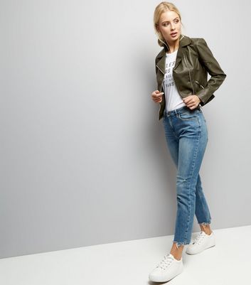 Dark Green Leather-Look Biker Jacket New Look