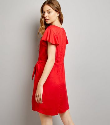Red Frill Trim Tie Waist Wrap Front Skort Dress New Look