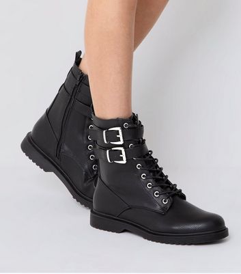 Black Lace Up Buckle Strap Boots | New Look