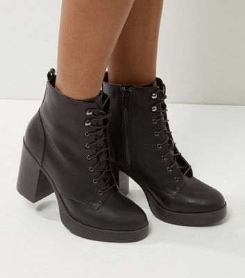 Black Lace Up Block Heel Boots | New Look