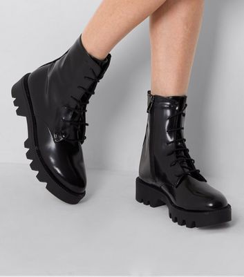 Black Patent Lace Up Chunky High Ankle 