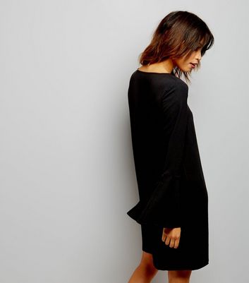 black lattice front flare sleeve lace sheath dress