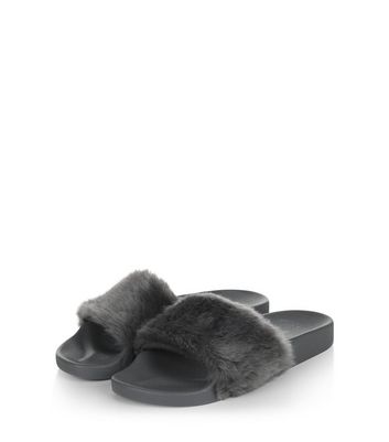 Grey Faux Fur Sliders | New Look