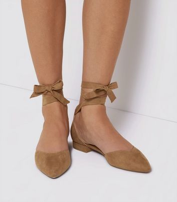 Mink Suedette Ankle Tie Pointed Flats 