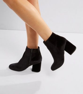 Black Velvet Block Heeled Boots | New Look